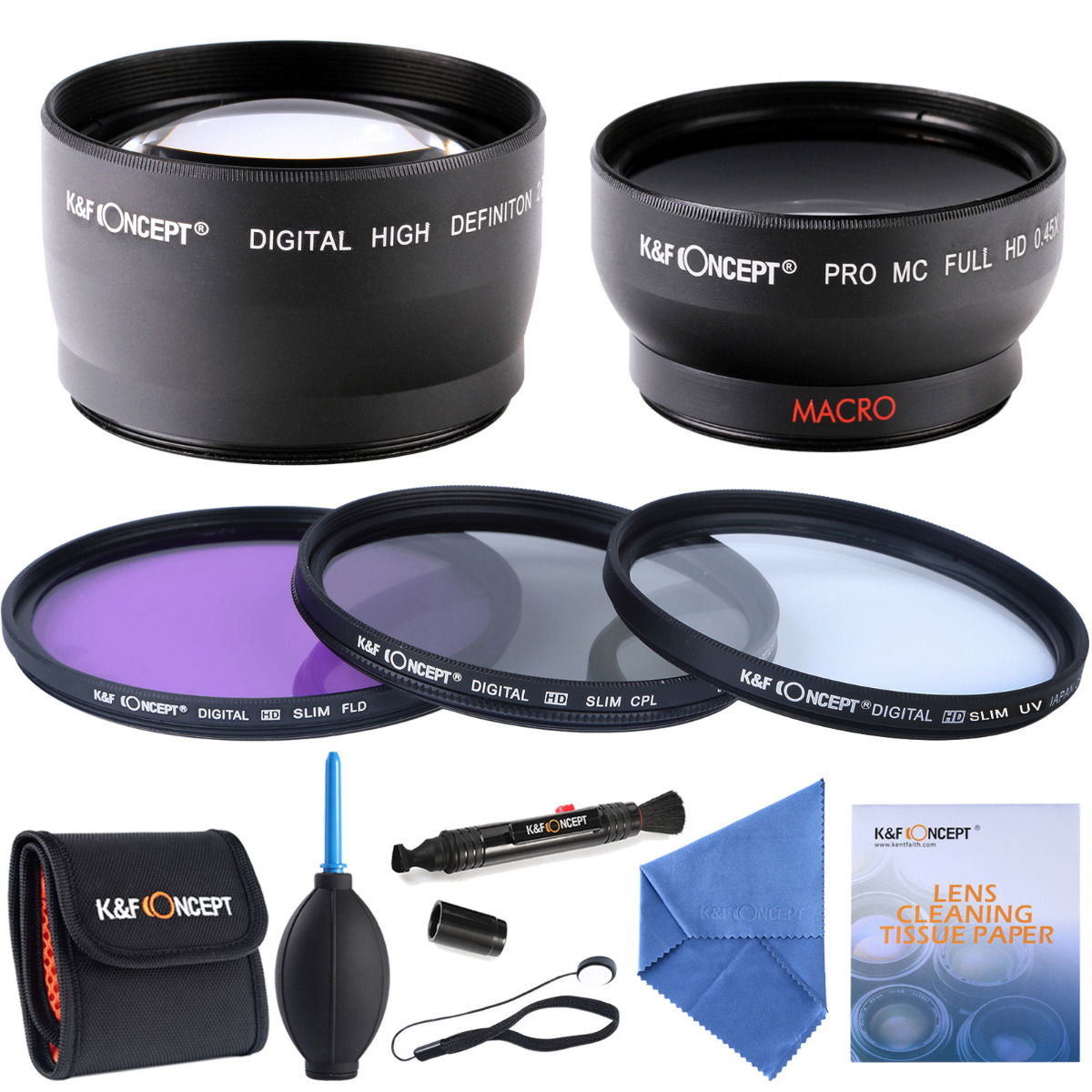 52mm 0.45x Wide Angle Macro 2.2x Telephoto Lens UV CPL FLD Filter Kit