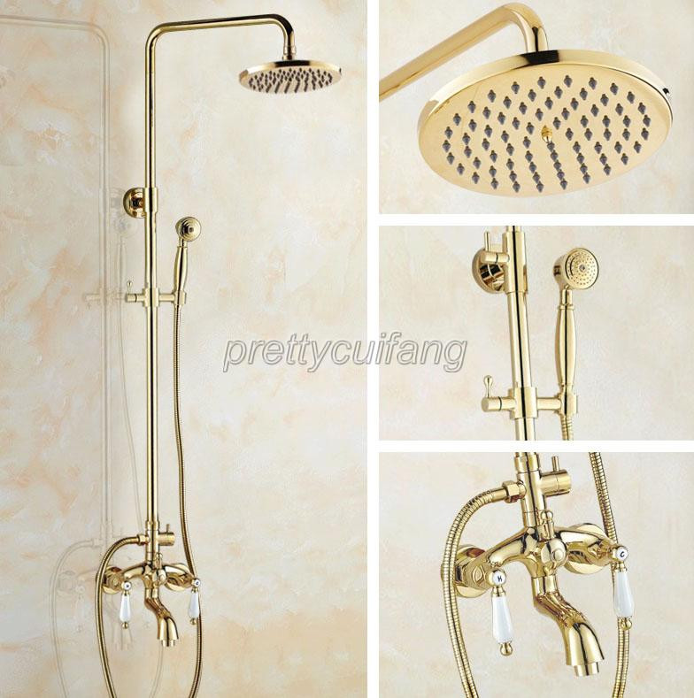 Luxury Polished Gold Wall Mounted Rain Shower Faucet Bath Set with Tub Spout NEW