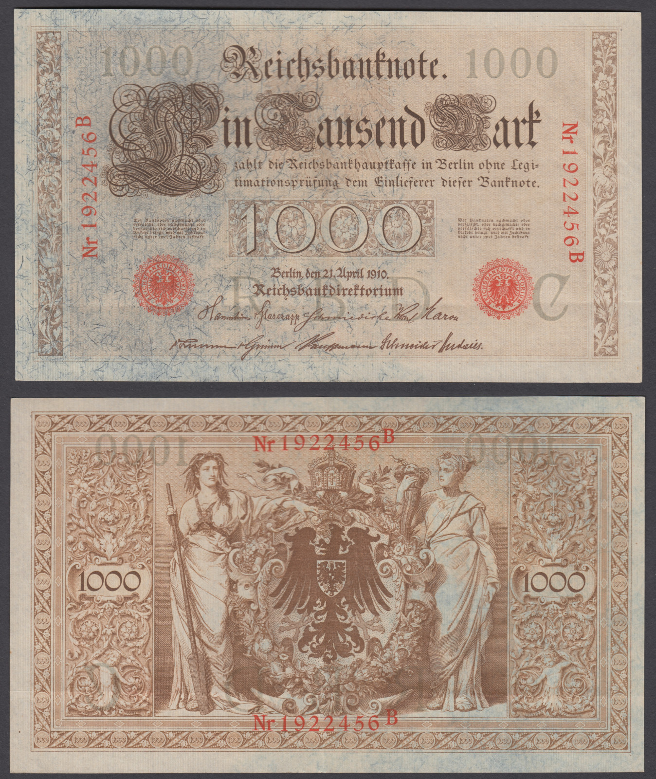 1910 NEW LOW GERMANY- 1000 REICHSBANKNOTE P44-B VERY LARGE NOTE