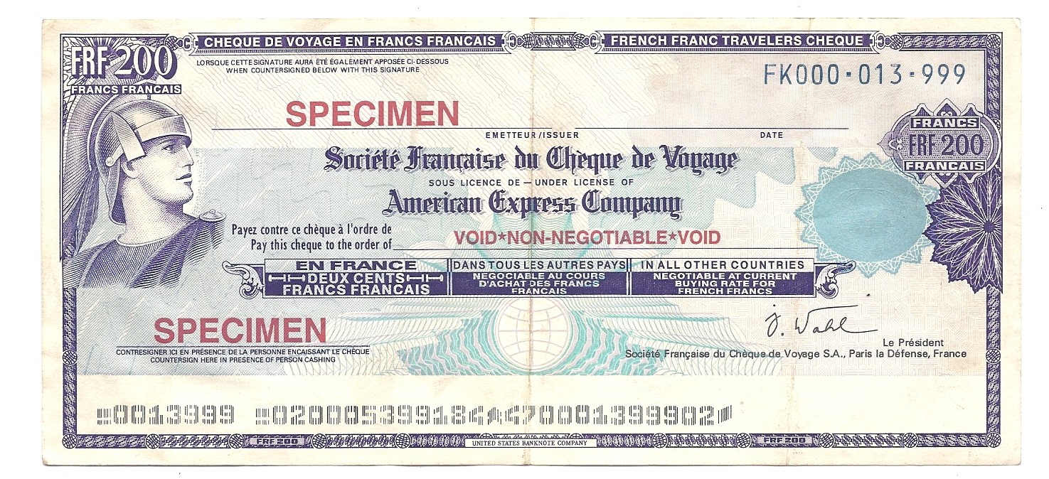 SPECIMEN CHECK TRAVELERS CHEQUE FRANCE 200 FRANCS UNC TDLR THOMAS COOK *//*