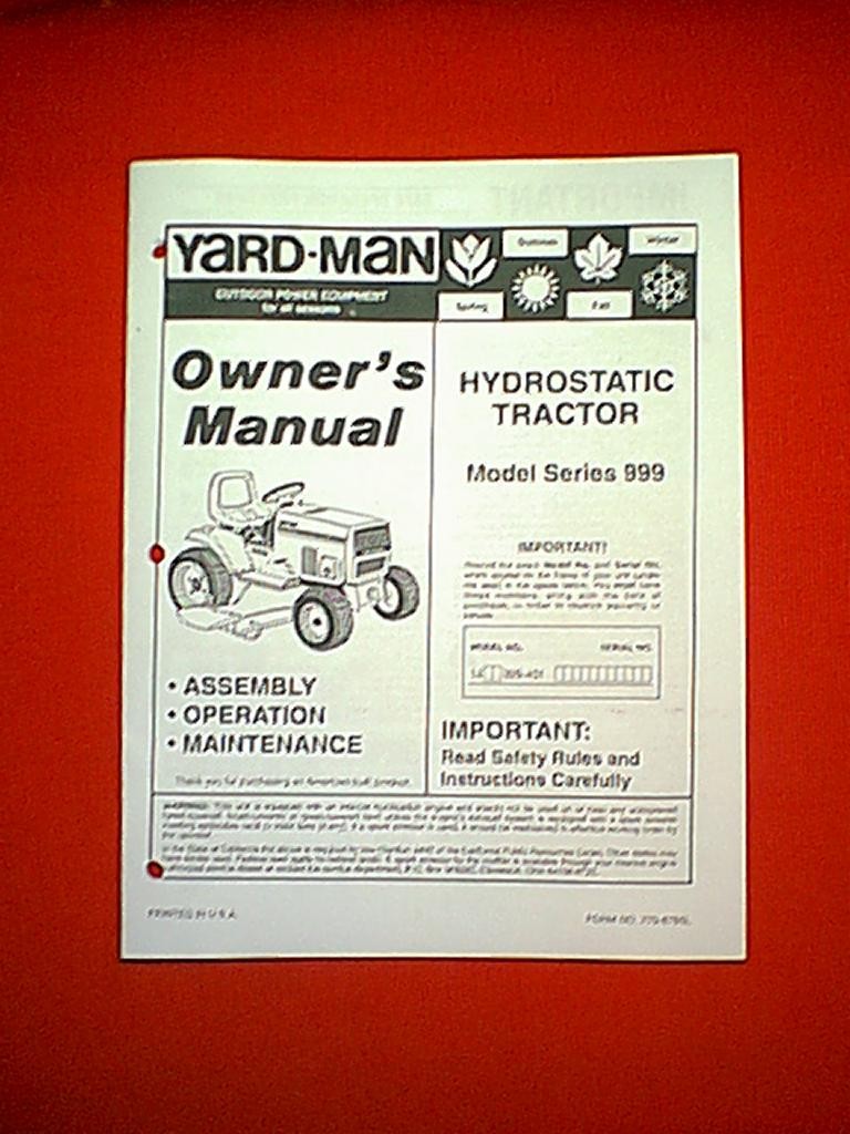 YARD MACHINES MTD HYDROSTATIC TRACTOR MODEL SERIES 999 OWNER'S MANUAL