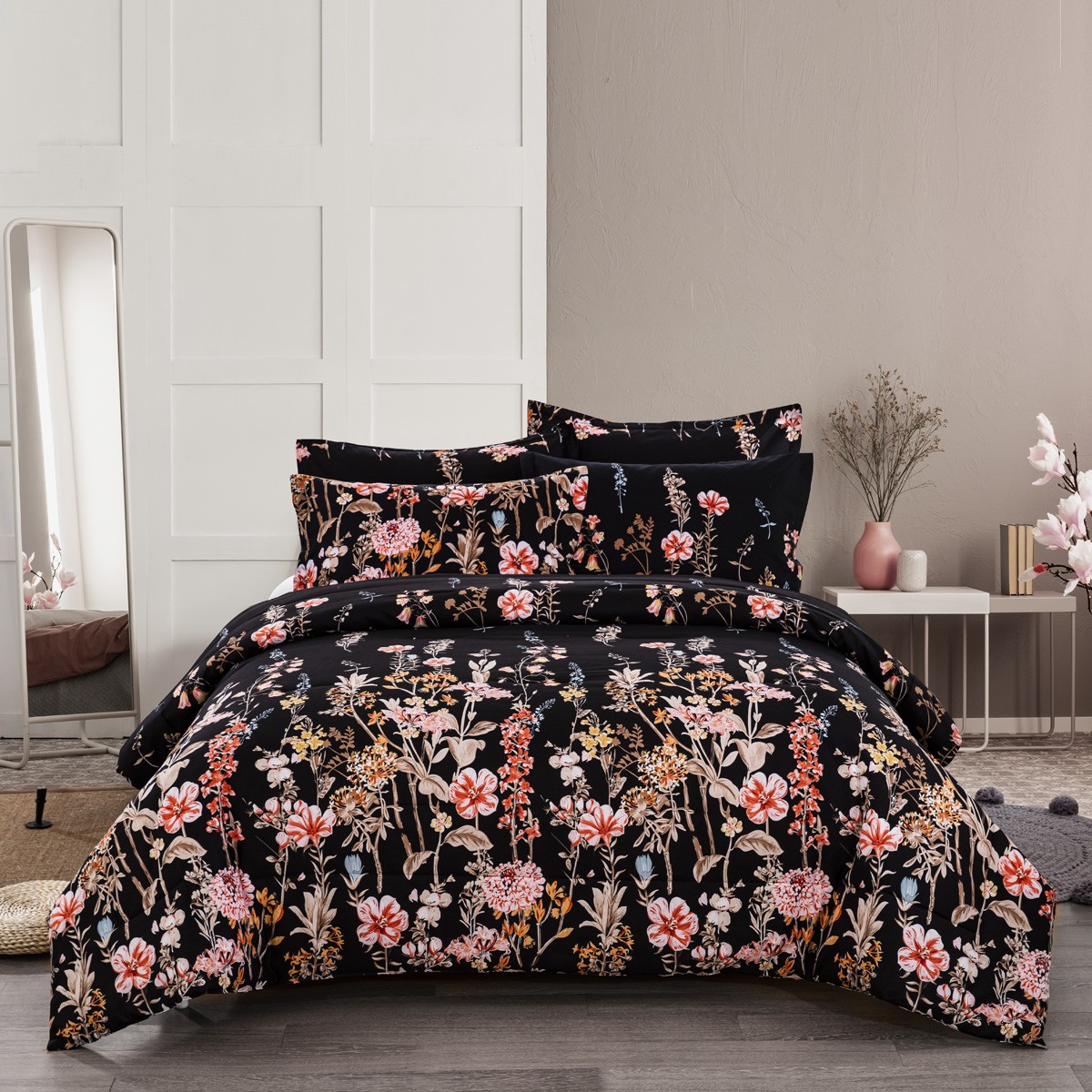 Floral Black Comforter Quilt Coverlet Rug Queen Size Bedding Set