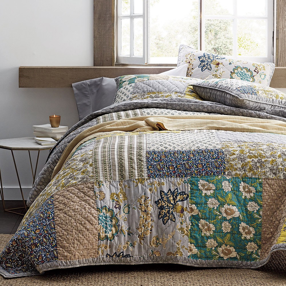 Floral Handmade Patchwork Quilted Bedspread Coverlet Set Queen