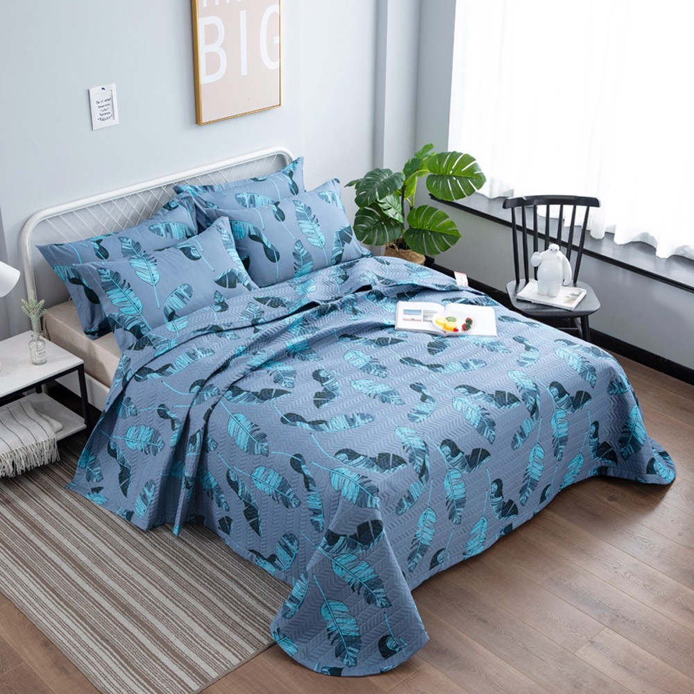 Floral Blue Bedspread Coverlet Throw Rug Quilted Pillow Cases