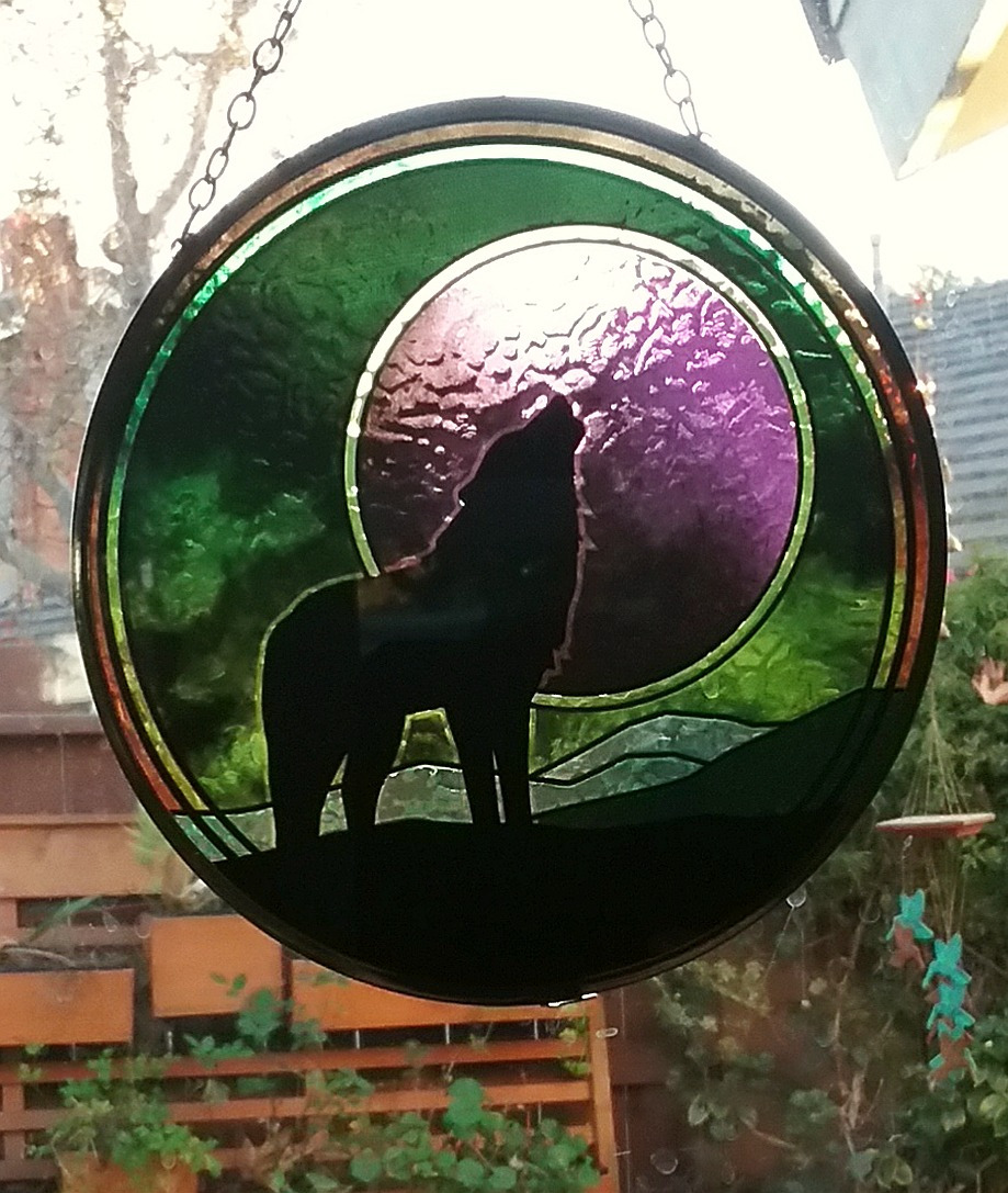 WOLF SPIRIT ANIMAL TOTEM Howling WOLF and MOON Stained Glass Look SUNCATCHER