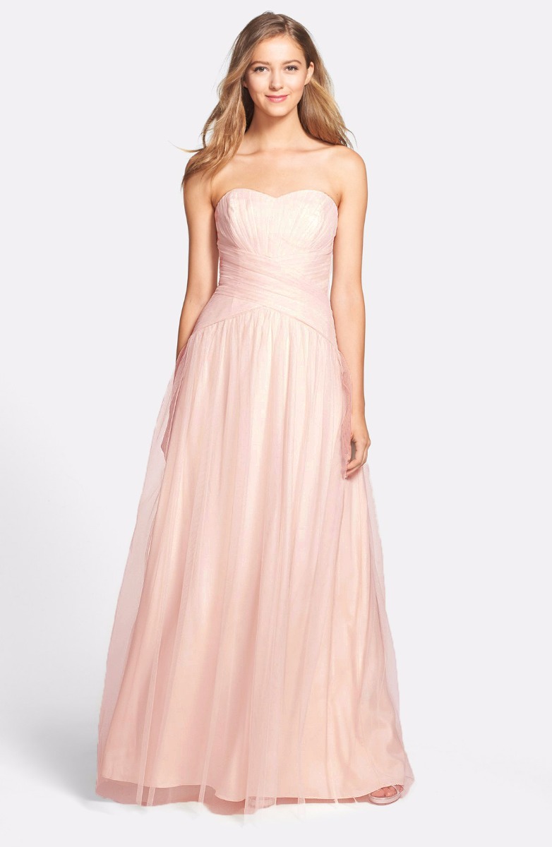 Monique Lhuillier Bridesmaids Back Drape Tulle Gown Sz 4 Blush