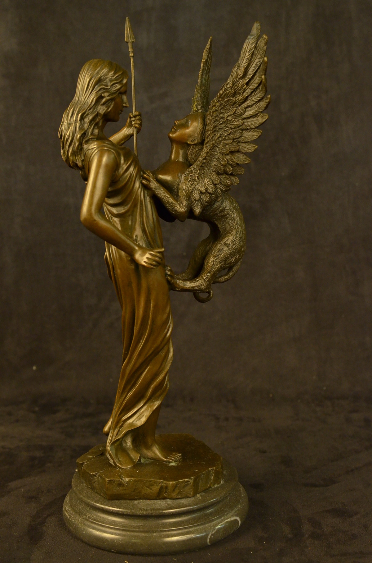 marius mercie~fantasy griffin nude lady bronze sculpture