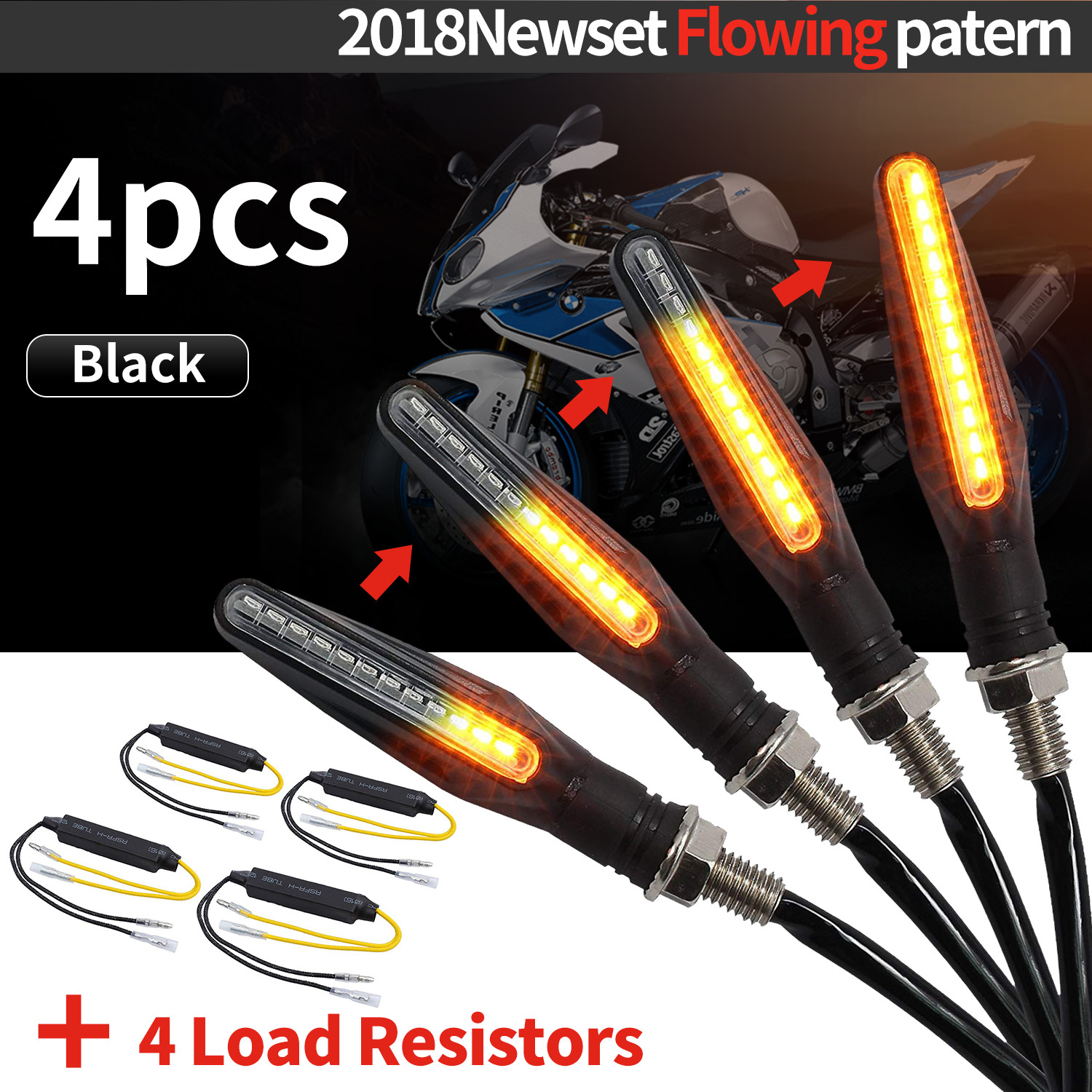 4x Motorcycle Sequential Flowing LED Turn Signal Indicator Light+ Load