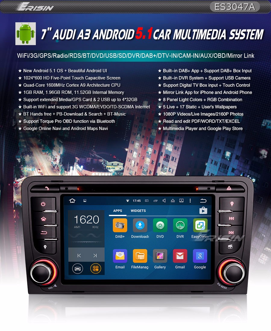 7"Android 5.1.1 DAB+Car DVD Headunit GPS Sat Nav Audi A3