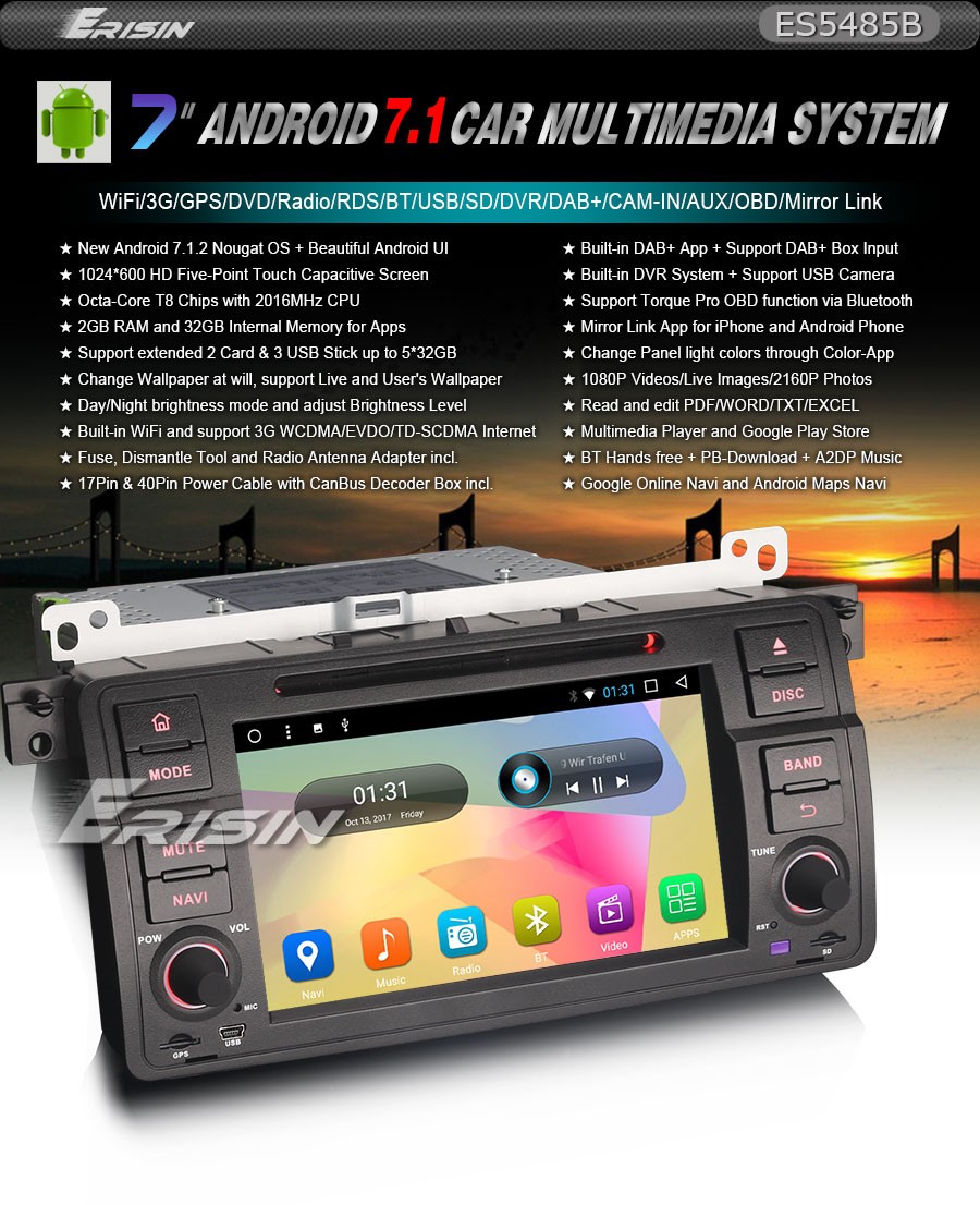 Radio, RDS, Bluetooth, DVD, USB, SD, CAM-IN, AUX, Steering Wheel Control,  Change Panel Light Colors at will, Live Wallpaper, DIY Wallpaper