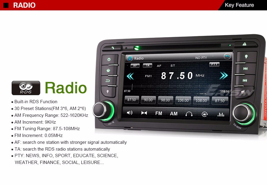 DAB+GPS Autorradio CD Navegación RDS DVR 3G Bluetooth TDT AUDI A3 S3 RS3 RNSE-PU