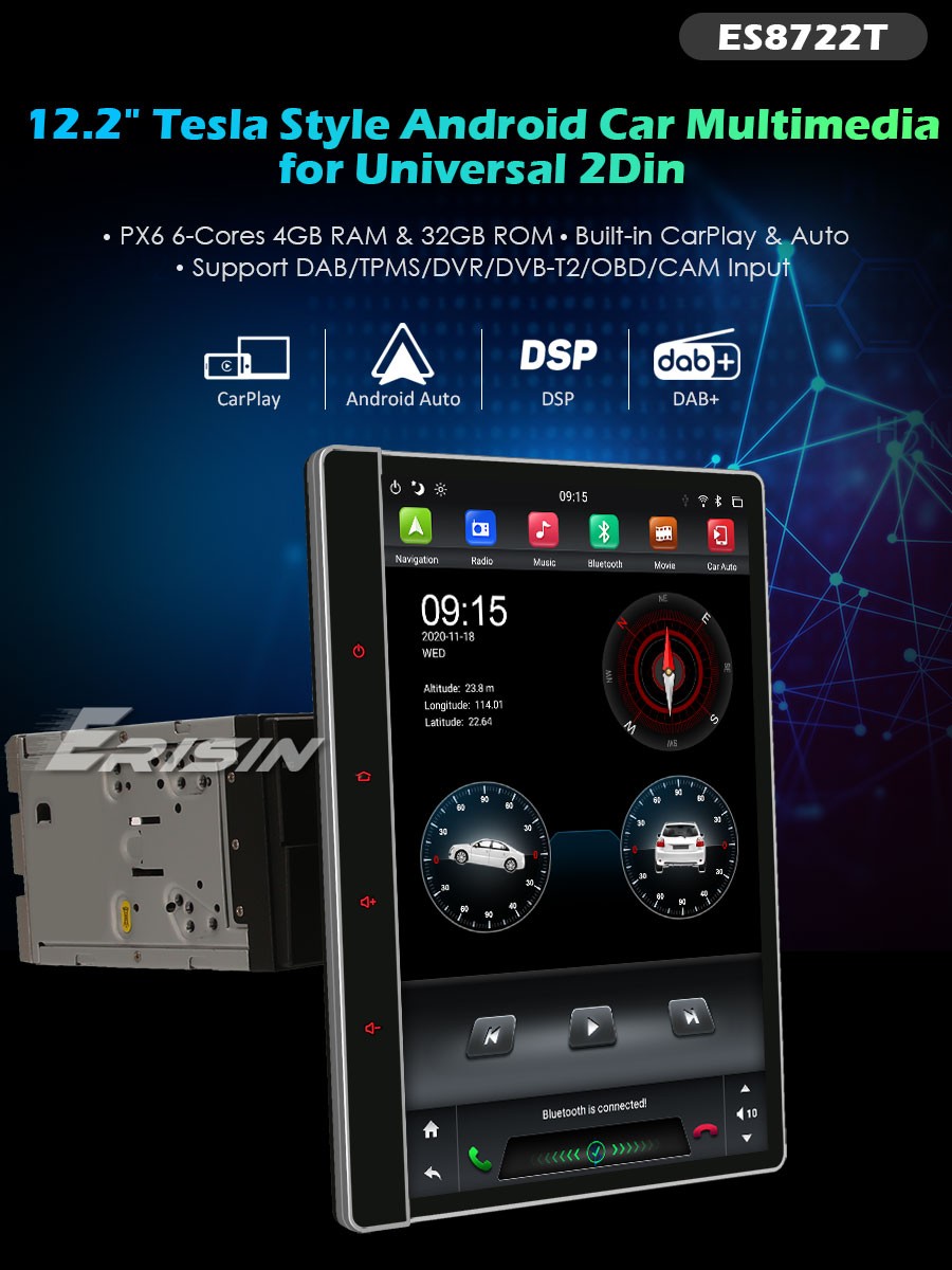 Erisin ES8722T 12.2" DAB+ Double DIN Rotation Tesla Style Car Stereo
