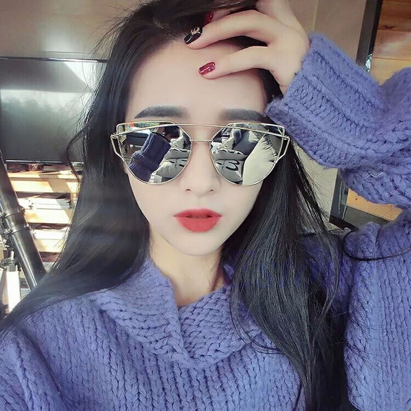 womens flat lens mirror metal frame oversized cat eye sunglasses