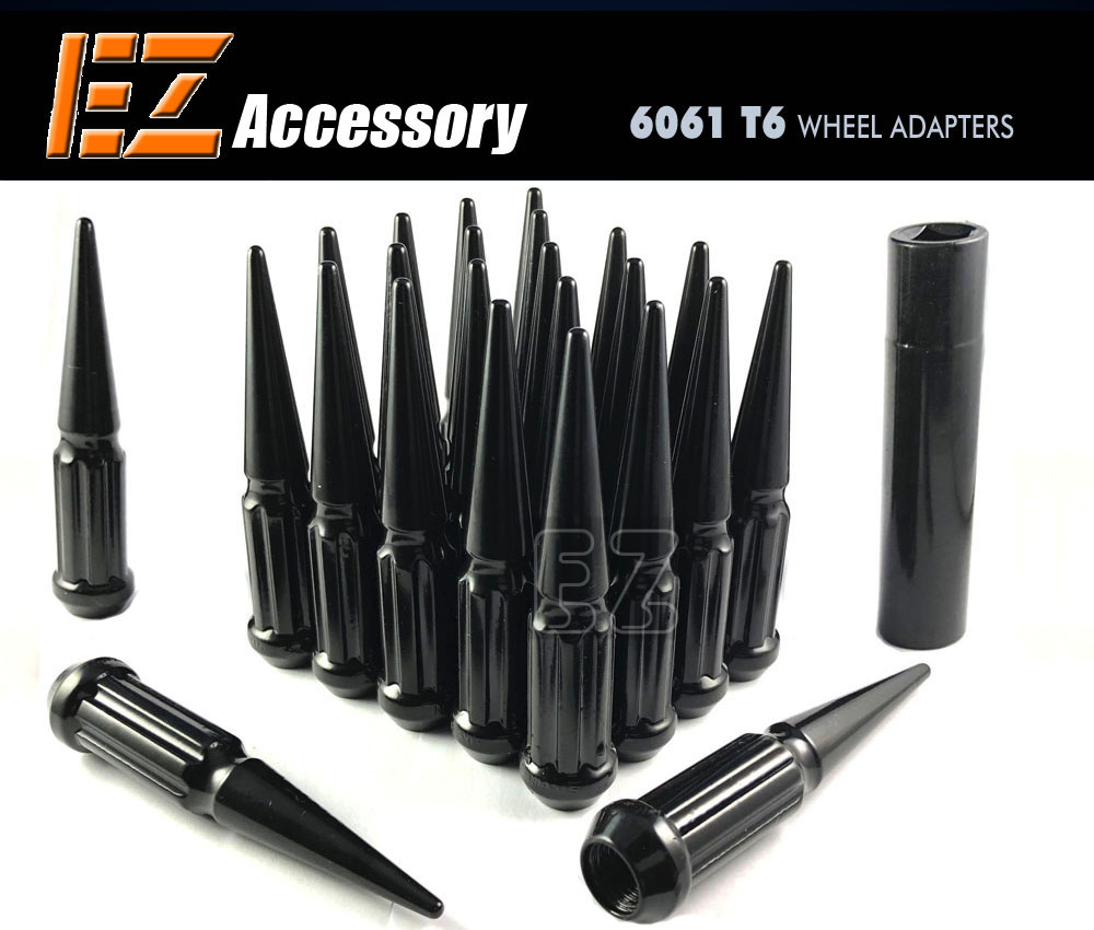 Black 24 PC Twisted Spline Spike Lug Nuts Kit 12x1.5 | with Key