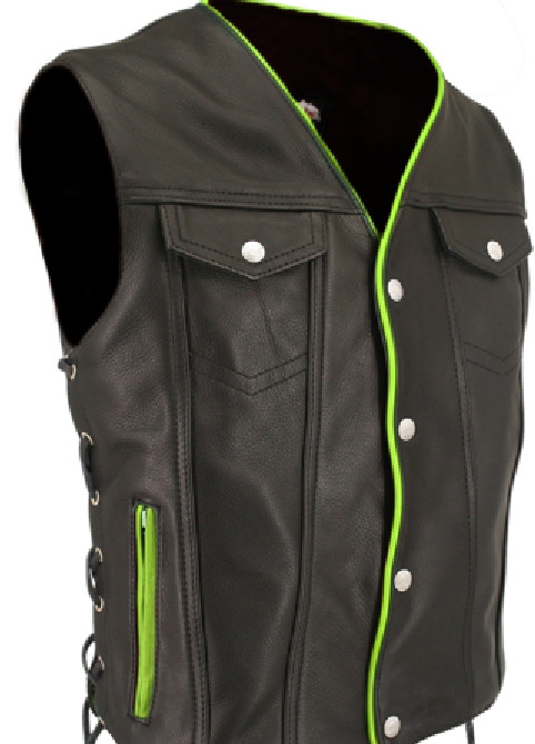 Hecho En Ee Uu Denim Estilo Cuero De Motociclista Chaleco Ribete Made In Usa Denim Style Leather Motorcycle Biker Vest Lime Green Trim 1 4 6mm Men S Lace Side