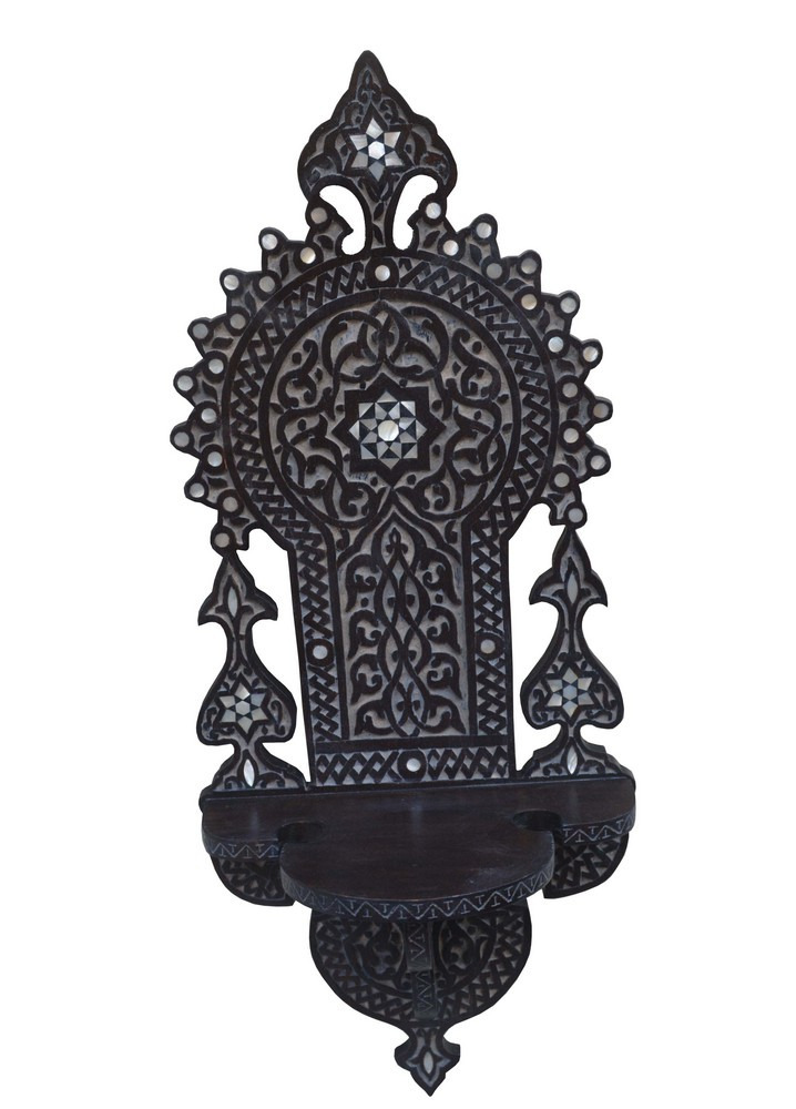 Unique Handcrafted Syrian Mother of Pearl Inlaid Wood Hanging Wall Shelf