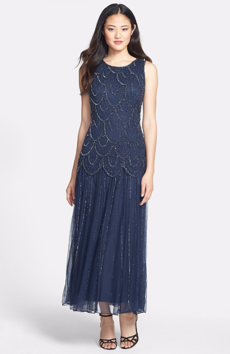 Pisarro Nights Beaded Mesh Gown Petite Sz 16P Navy