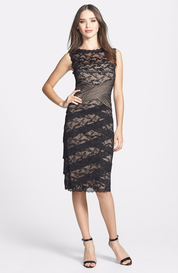 Marina Pleat Mesh & Tiered Lace Sheath Dress Sz 14 Black