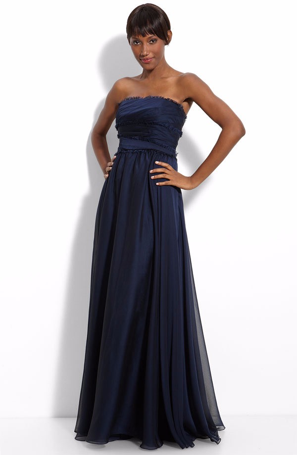 Monique Lhuillier Bridesmaids Strapless Chiffon Gown Sz 2 Navy | eBay