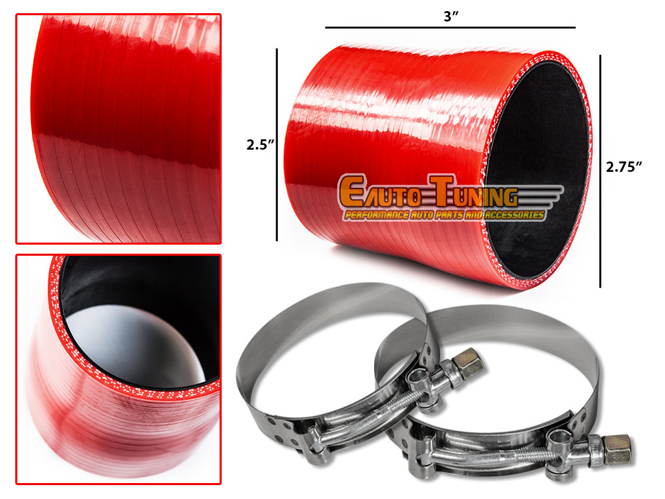2.75/" To 2.5/" Silicone Hose//Intercooler Pipe Coupler RED T-Bolt Clamp For BMW