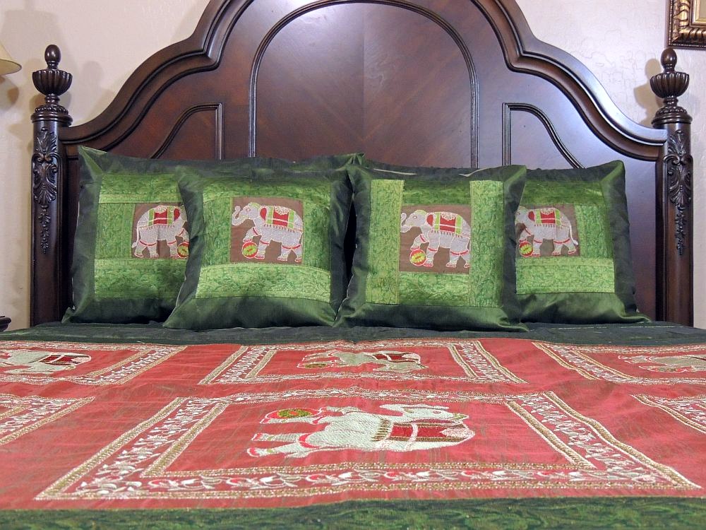 Elephant Embroidered Bedding Set Indian Sari Coverlet 5P Elephant Embroidered Bedding Set Indian Sari Coverlet 5P
