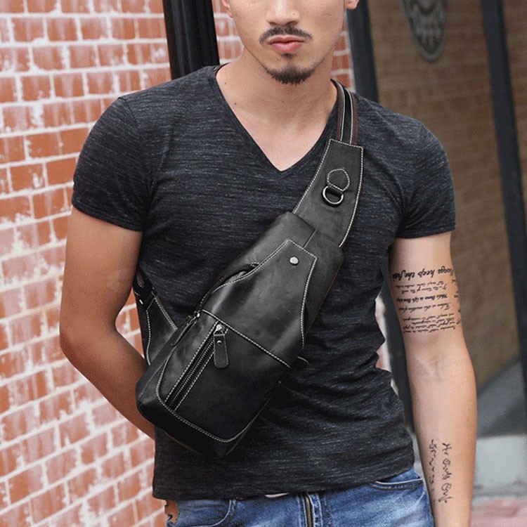 Men's Genuine Leather Sling Bags Chest Shoulder Bag Crossbody Satchel