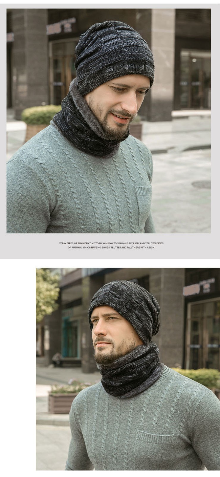 2-Pieces Winter Hat Scarf Set Warm Knit Thick Beanie Hat