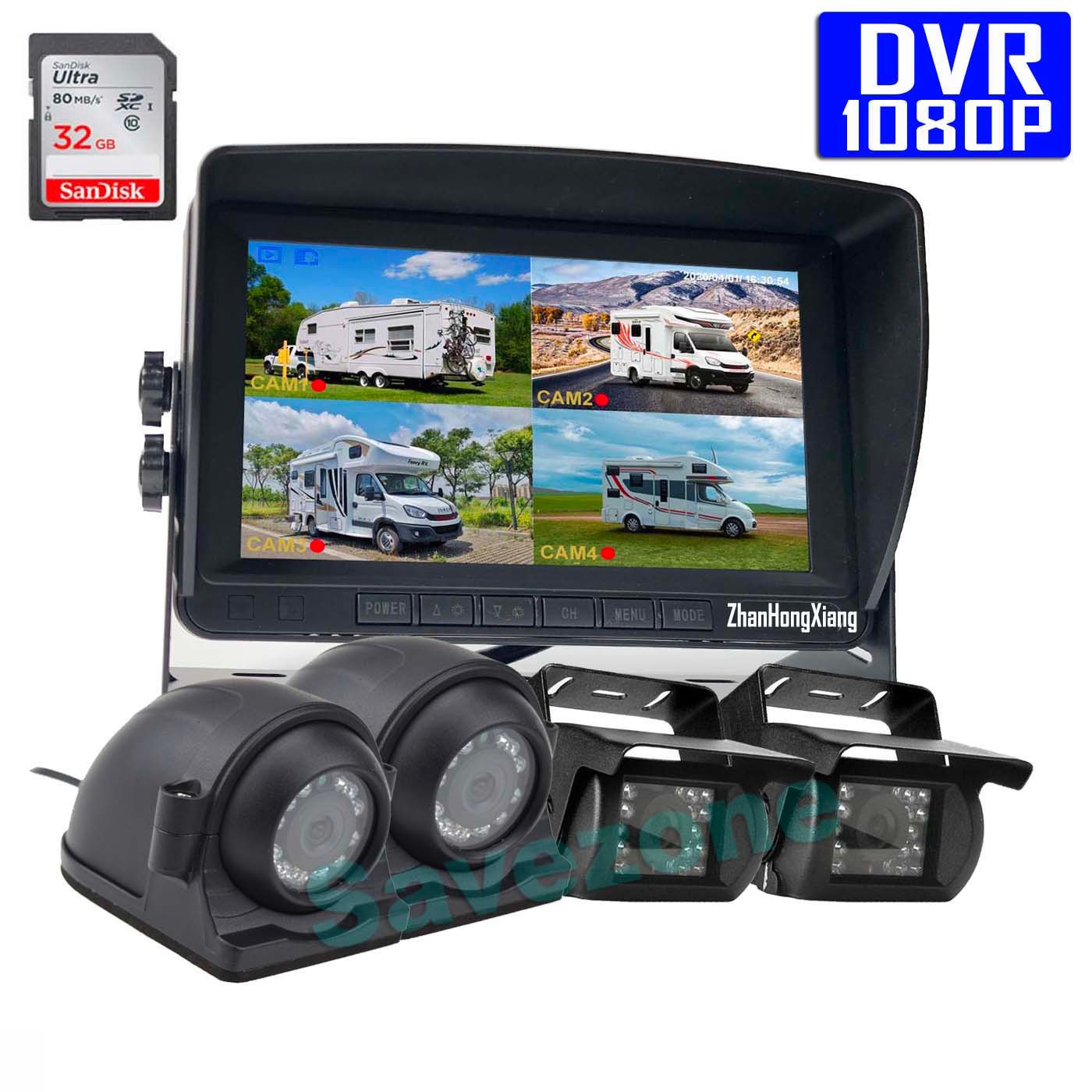 Car Backup Camera RV 7 Monitor Quad-View Split Screen Backup Camera System Monitor Kit Bus Motor Home and 5th Wheels Shockproof, 4 Pins Connector Backup Camera for Truck Trailer
