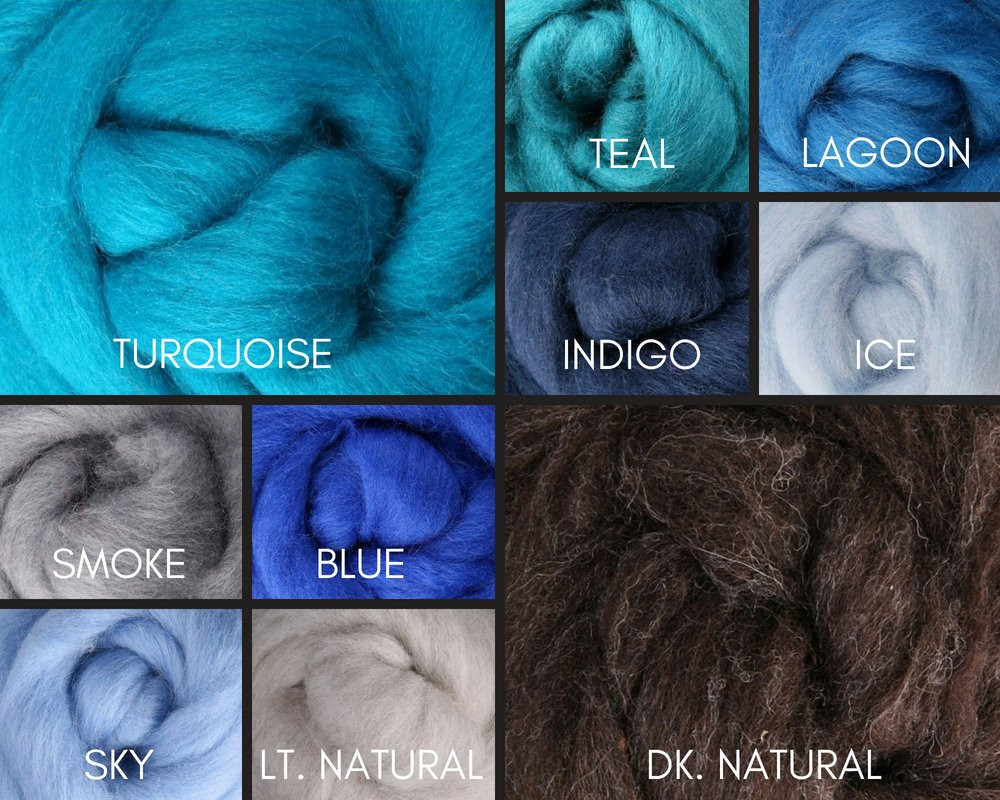 The Blues Color Palette Wool Roving Fiber 2.5oz//70 gms Needle Felting Spinning