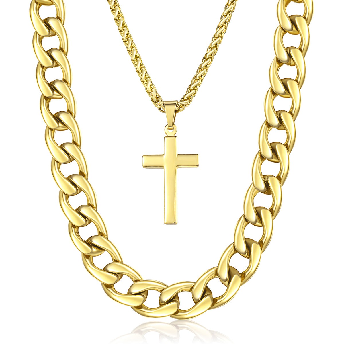 Cross Pendant Necklace Mens Double Chain Gold Silver Stainless Steel
