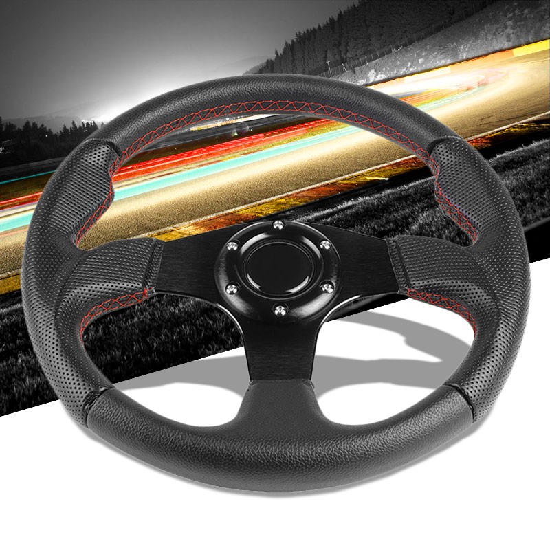 Horn Button Black Spoke//Red Stitch 320mm 6-Bolt Aluminum Frame Vinyl Leather Cover Steering wheels