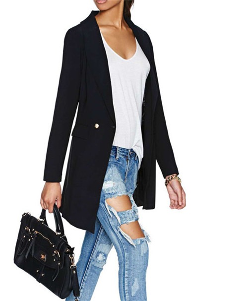 elegant women lady formal business long style black blazer suit